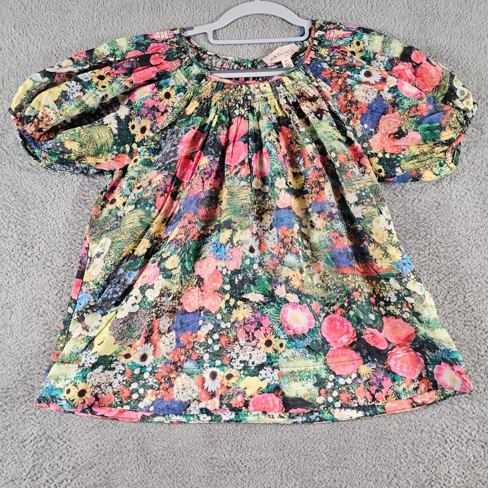 Philosophy Floral Puff Sleeve Smocked Cotton Top Small Multicolor